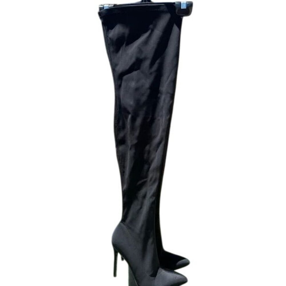 Truffle Collection Black Thigh High Stiletto Boots Pointed Toe Size 8